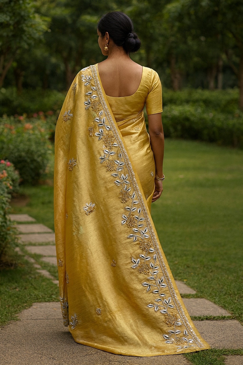 Yellow Floral Silk Saree - Image 2